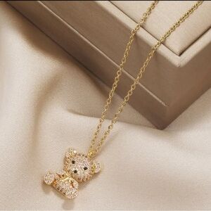NWT! 24K Gold-Plated Y2K Bear Pendant Necklace with Sparkle - Perfect fo…